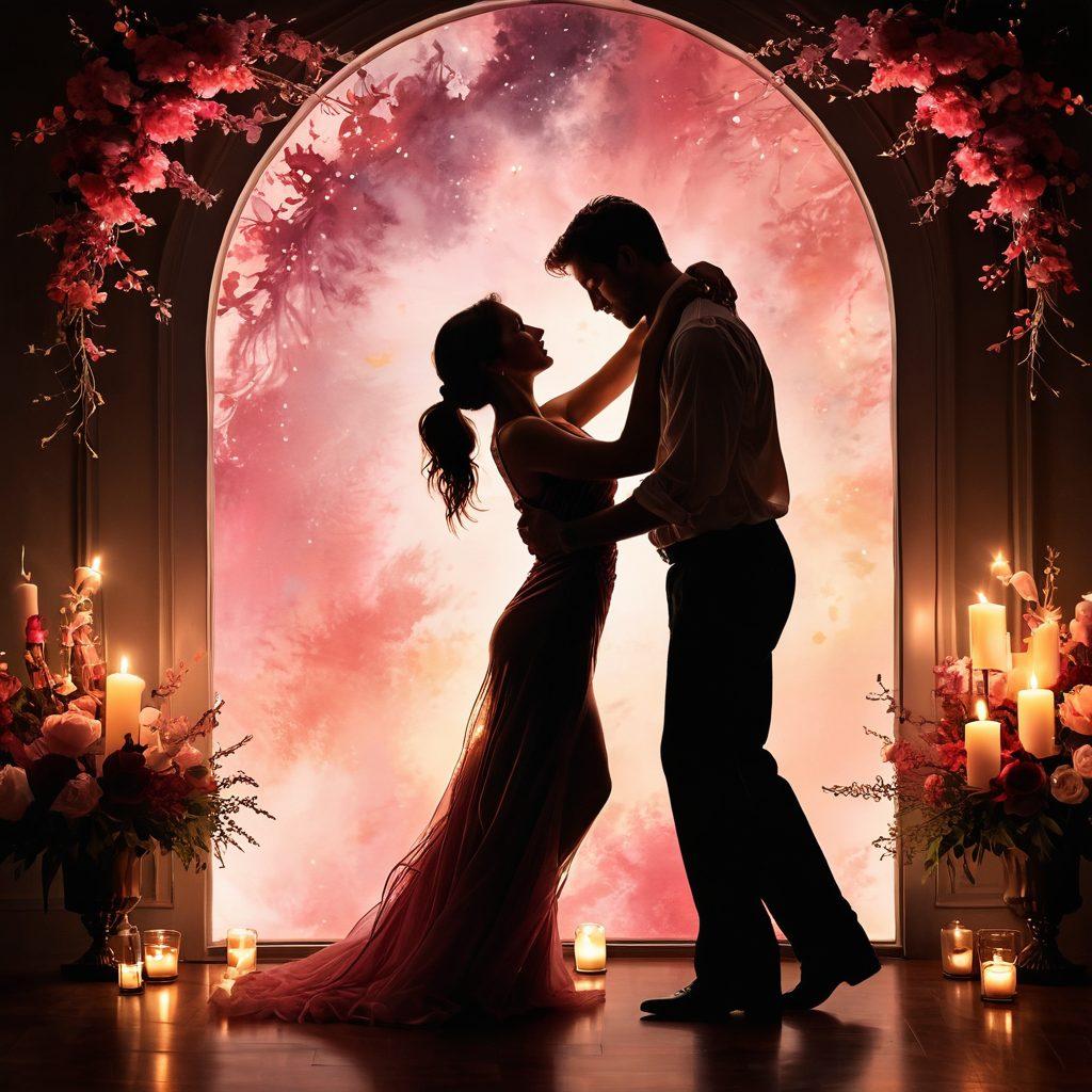 A romantic scene depicting a couple entwined in a passionate dance under soft, ambient lighting, surrounded by silhouettes of romantic elements like candles and flowers. The expressions on their faces convey deep affection and intimacy, with the background hinting at twinkling stars or a moonlit sky. Incorporate warm hues like deep reds and soft pinks to evoke a sense of love and connection. Choose a painterly style that gives it an artistic and dreamy quality.