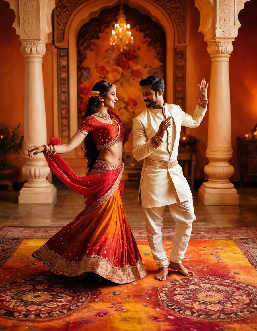 A couple in traditional Indian attire dancing amidst a backdrop of vibrant, colorful spices scattered across the floor, with a hint of sensuality in their expressions. The atmosphere is warm and inviting, filled with soft, glowing candlelight that highlights their features. Surrounding them are ornate Indian fabrics and floral patterns symbolizing love and passion. The composition brings out the essence of spicy romance and cultural elegance. super-realistic. vibrant colors. warm tones.